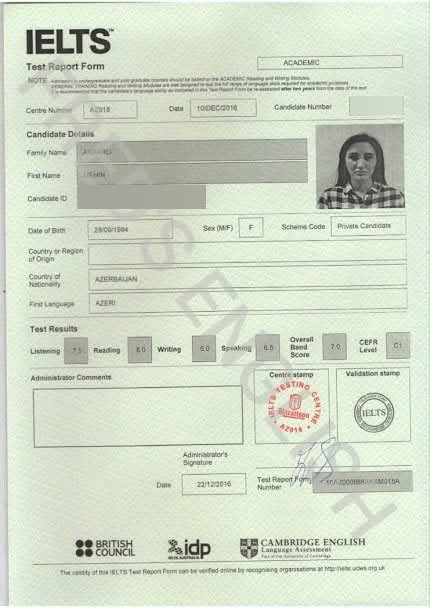 IELTS result — IELTS 7.0