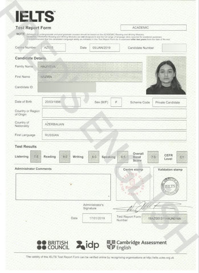 Nazira Hajiyeva — IELTS 7.0