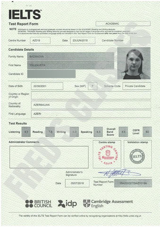 Yelizaveta Bazanova — IELTS 6.5